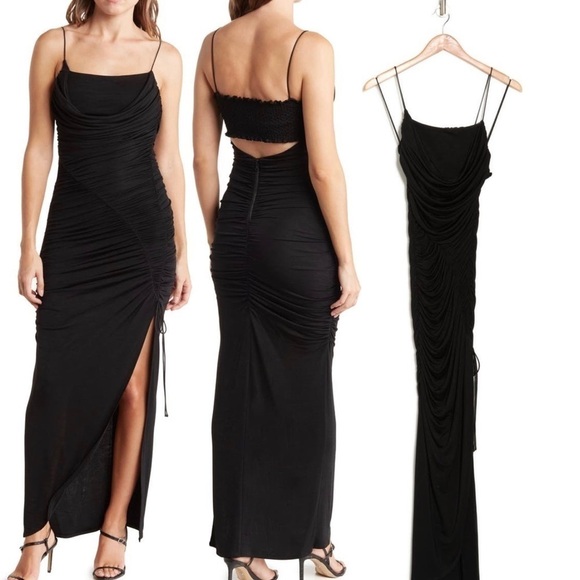Alice + Olivia Lux Ruched Black Maxi Dress Size 8 Slim Fit Sexy Night Party - Picture 12 of 13